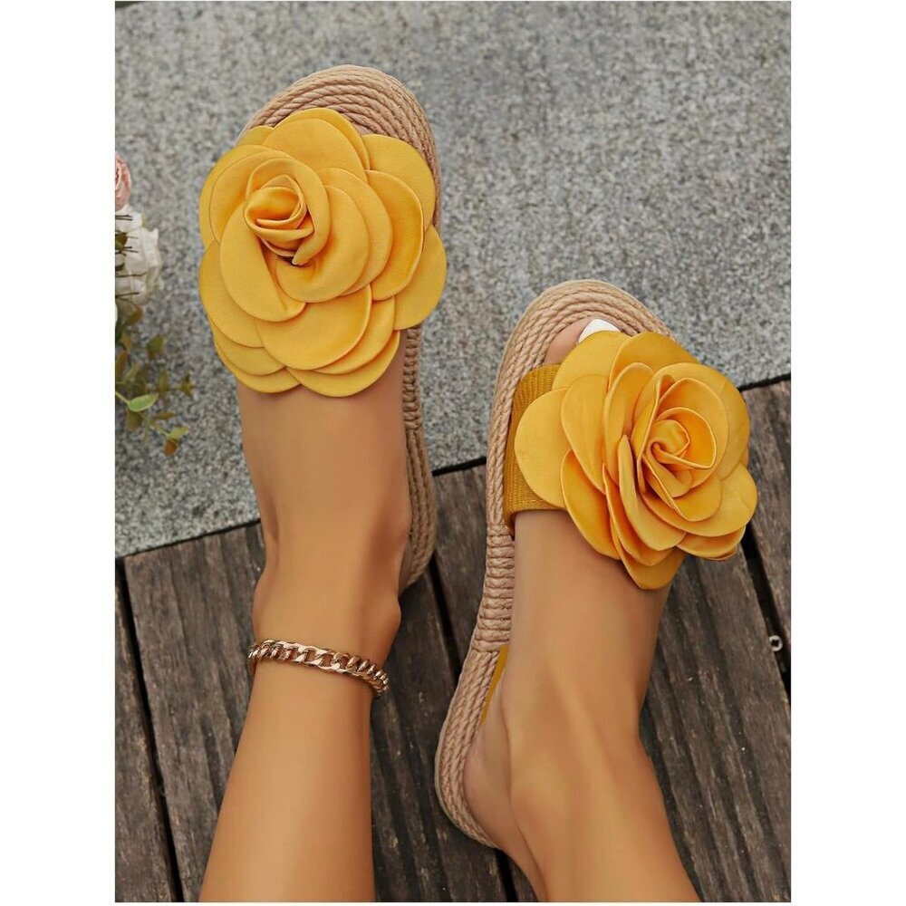Women's Yellow Floral Straw Slip On Slide Beach Vacation Flat Sandals Shoes - Picture 3 of 5